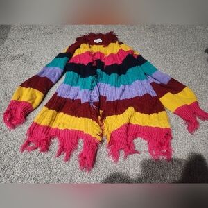 The Cove Striped Multicolor Fringe Knit Cardigan Sweater - No Size See Photos